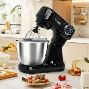 SPZTJK Küchenmaschine, 5L Edelstahl Schüssel, Knethaken, Rühr- & Schneebesen aus Edelstahl und Spritzschutz, Safe-Use-Sicherheitssystem, 1500W